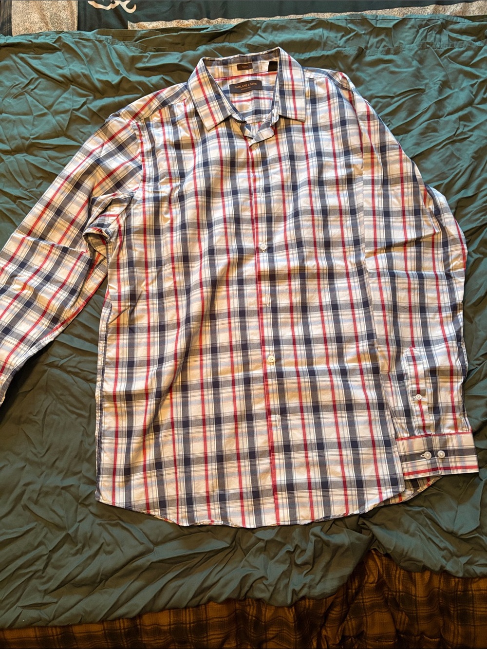 Men's Plaid Long-Sleeve Dress Shirt — White, Blue & Red